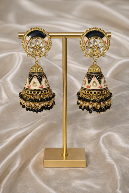 Meenakari Jhumki Statement Earrings – Multicolor Black, White & Red with Gold Beads