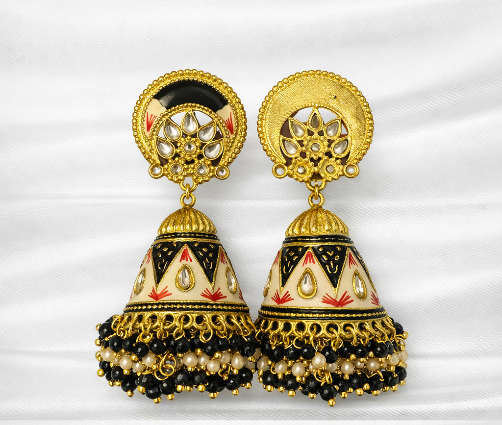 Meenakari Jhumki Statement Earrings – Multicolor Black, White & Red with Gold Beads