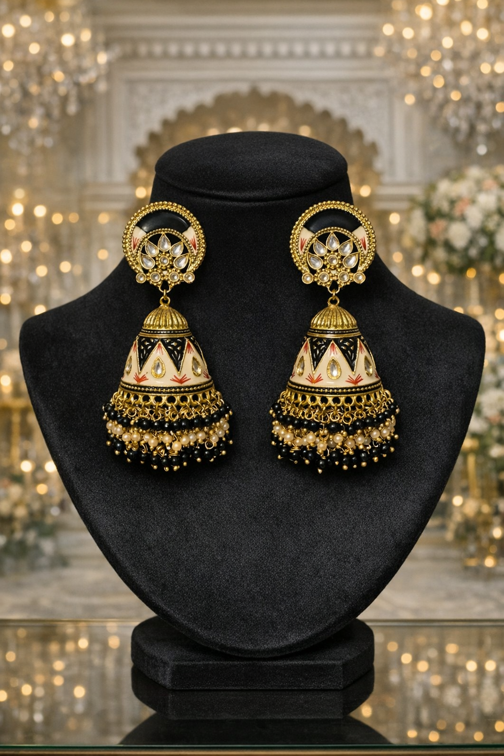 Meenakari Jhumki Statement Earrings – Multicolor Black, White & Red with Gold Beads