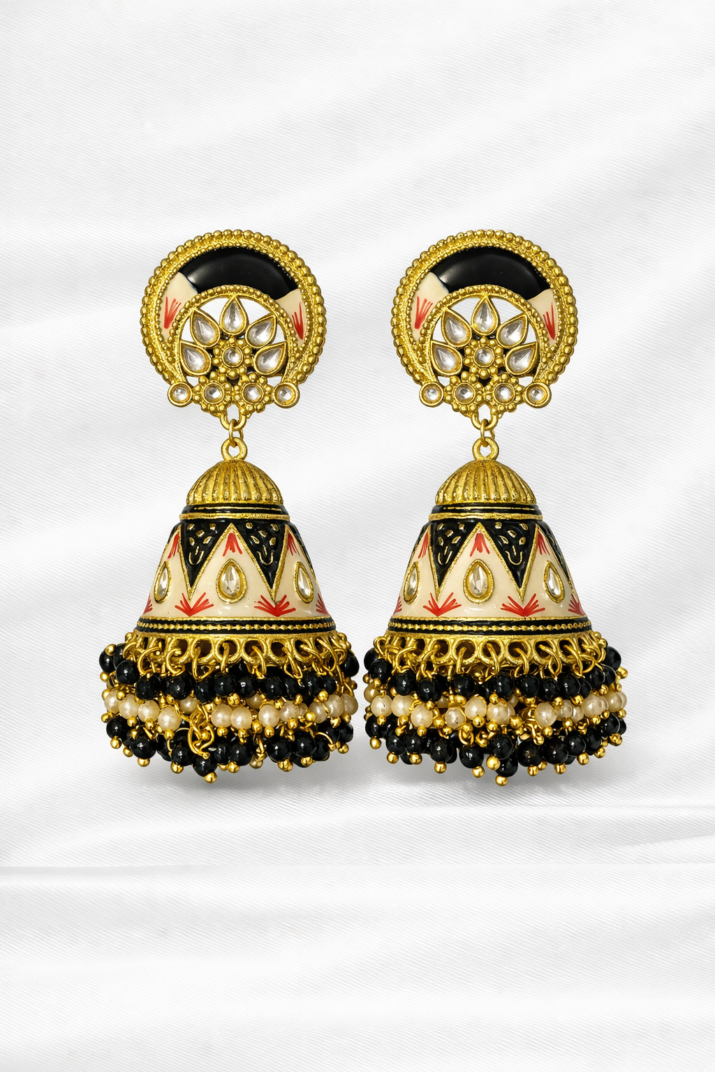 Meenakari Jhumki Statement Earrings – Multicolor Black, White & Red with Gold Beads