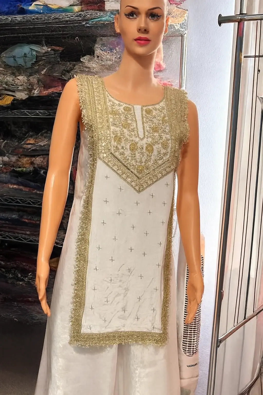 Indo-Western Lehenga Set - White & Gold Zari Work Maha Collection