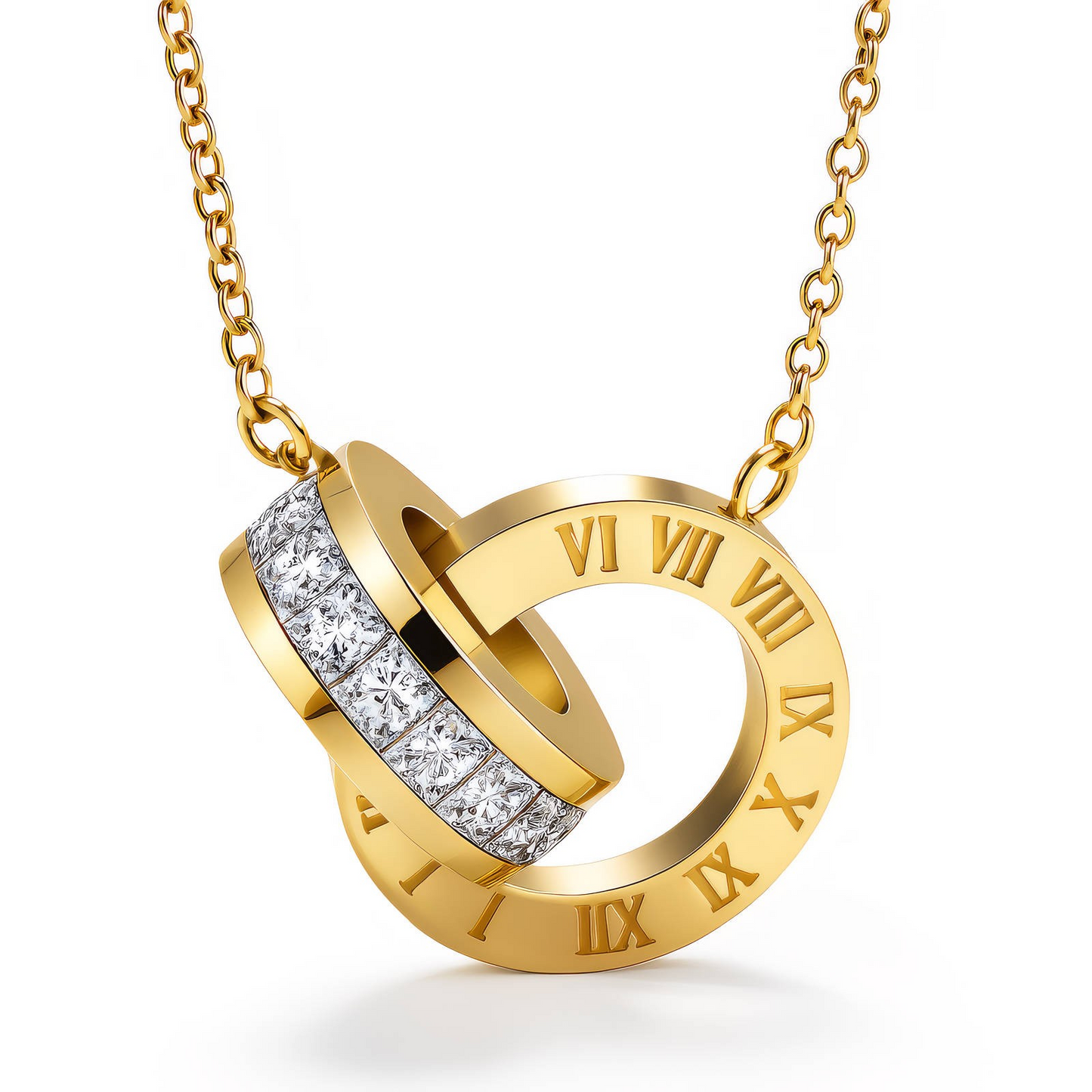 Roman Numeral Double Ring Pendant Necklace with CZ Crystals | 18K Gold Plated Stainless Steel | Waterproof & Hypoallergenic Glozzo Wholesale Jewelry