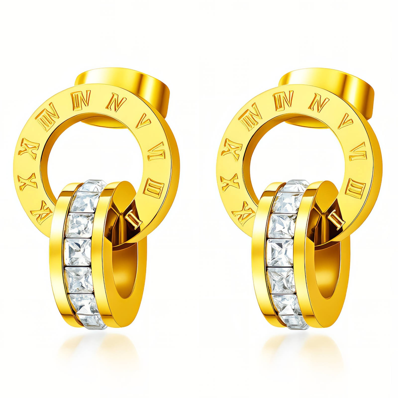 Roman Numeral Double Ring Earrings with CZ Crystals | 18K Gold Plated Stainless Steel | Waterproof & Hypoallergenic Glozzo Wholesale Jewelry