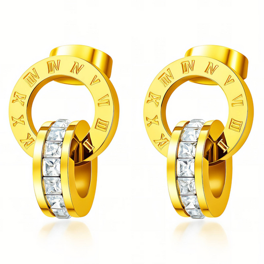 Roman Numeral Double Ring Earrings with CZ Crystals | 18K Gold Plated Stainless Steel | Waterproof & Hypoallergenic Glozzo Wholesale Jewelry