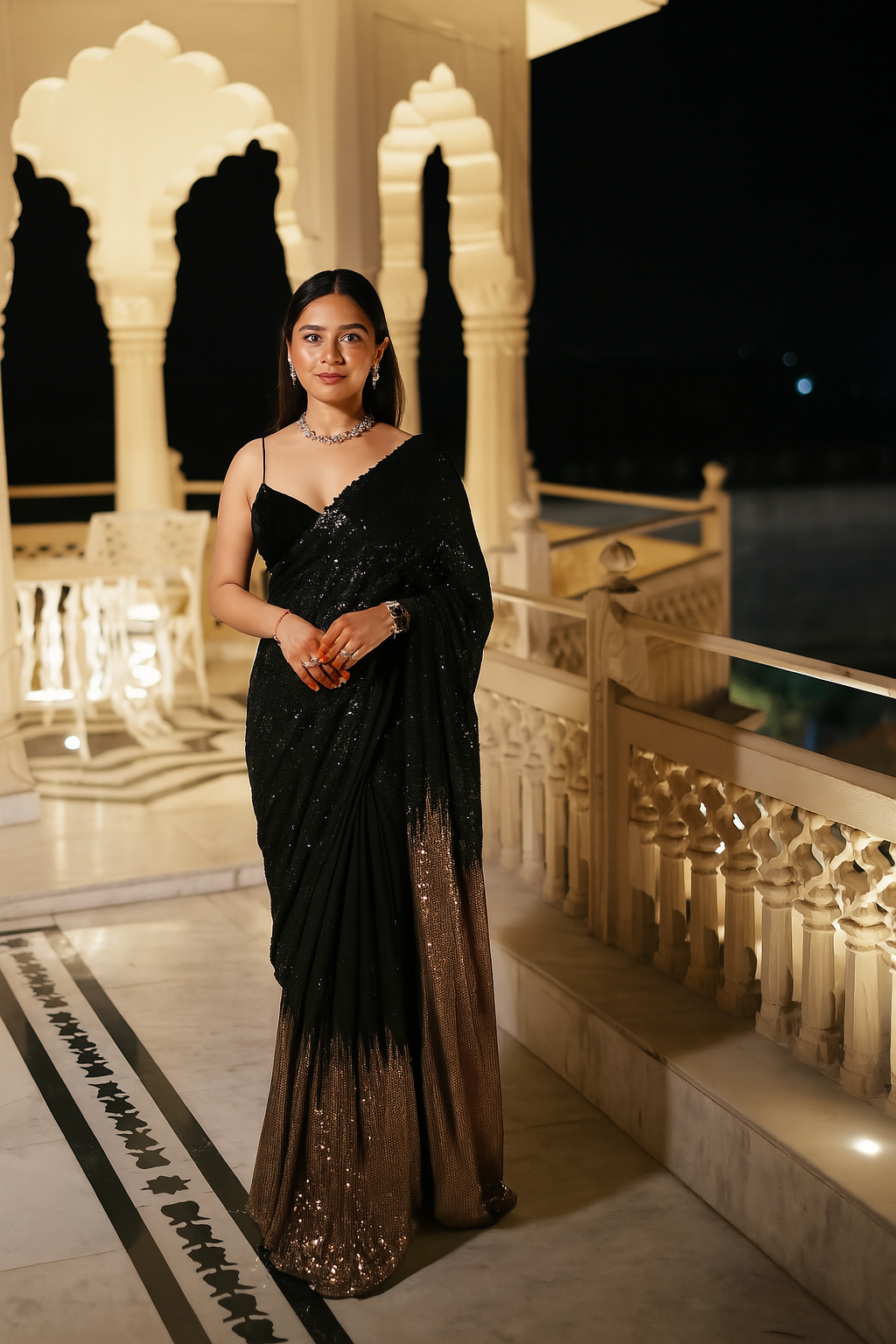 Black Sequin Bollywood-Style Pre-Stitched Saree