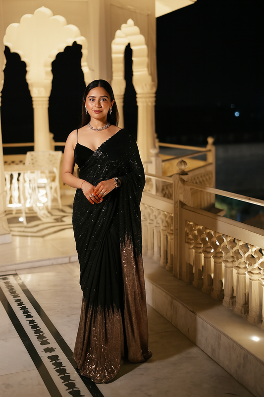 Black Sequin Bollywood-Style Pre-Stitched Saree
