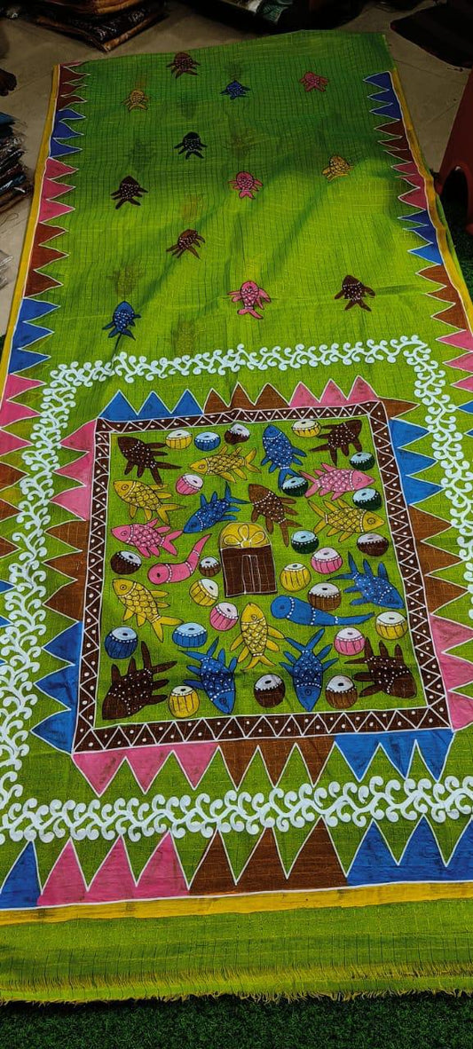 Bengali Hand Paint Green Pure Dhonekhali Tant