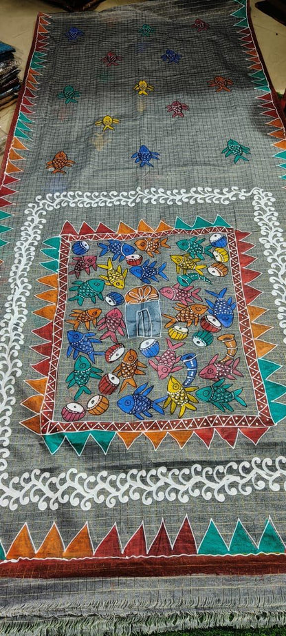 Bengali Hand Paint Grey Pure Dhonekhali Tant