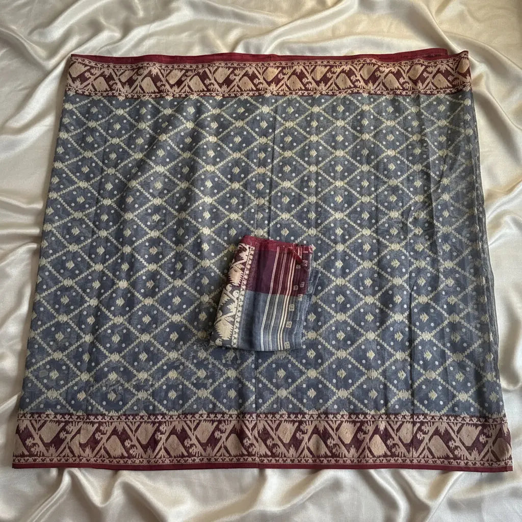 Bengal Handloom Jamdani GREY AND MAROON - Deepika's Adornments