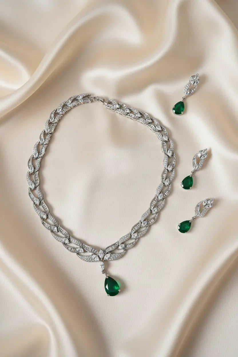 Emerald & CZ Statement Necklace Set | Buggett Design | 24K Rhodium Silver Indian Fashions