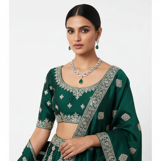 Emerald & CZ Statement Necklace Set | Buggett Design | 24K Rhodium Silver Indian Fashions
