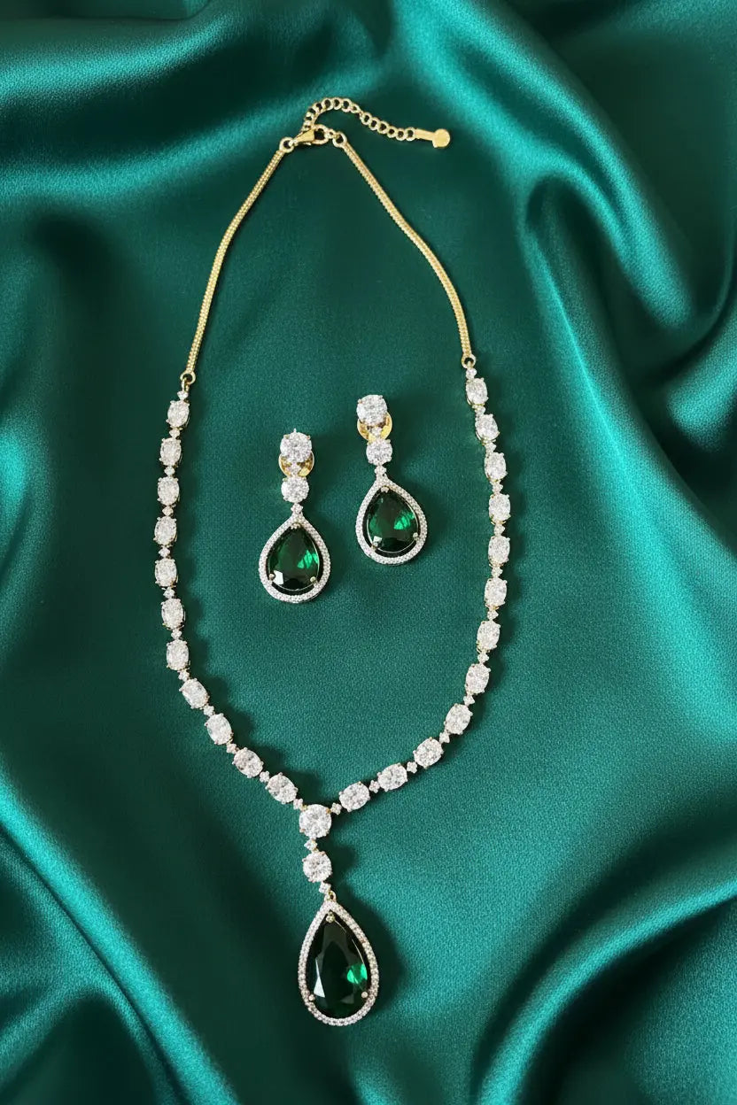 Green Hydrostone & CZ Statement Necklace Set | 24ct Gold Plated on Rhodium Indian Jewelry Deepika's Adornments