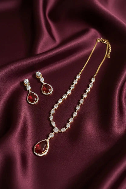 Red Hydrostone & CZ Statement Necklace Set | 24ct Gold Plated on Rhodium Indian Jewelry Indian Fashions