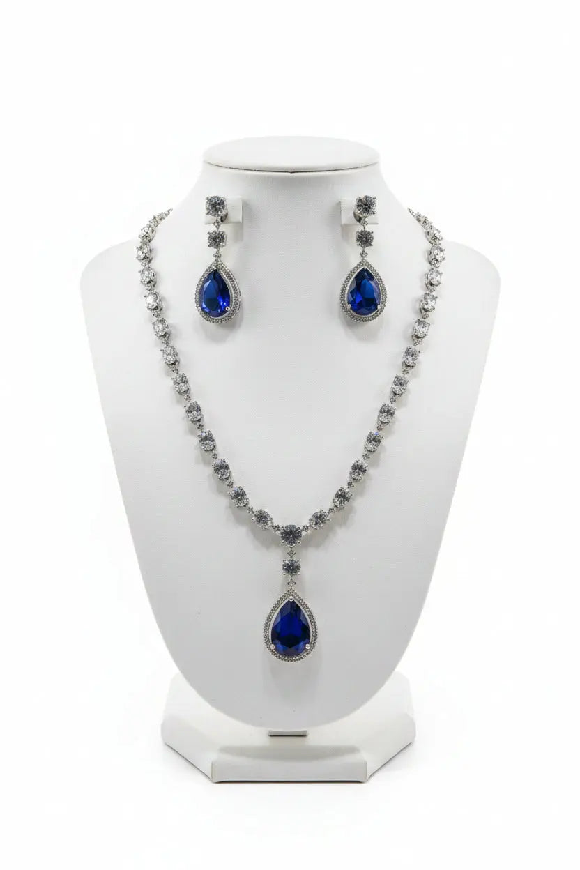 Sapphire Hydrostone & CZ Statement Necklace Set | 24ct Gold Plated on Rhodium Indian Jewelry Indian Fashions