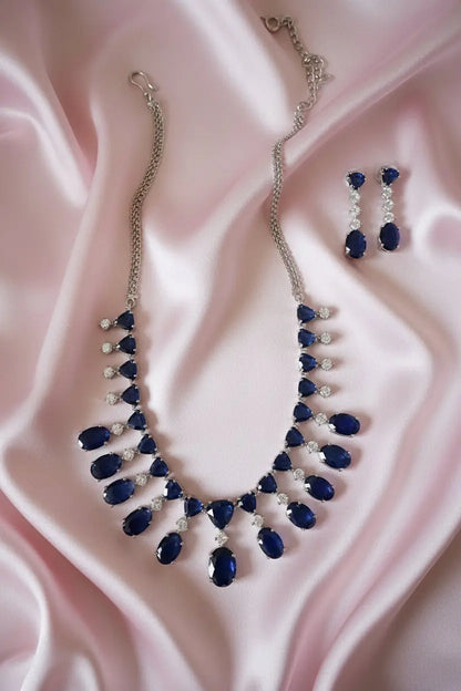 Sapphire Hydrostone & Silver CZ Necklace Set | Convertible Choker | 24ct Rhodium Plated Deepika's Adornments