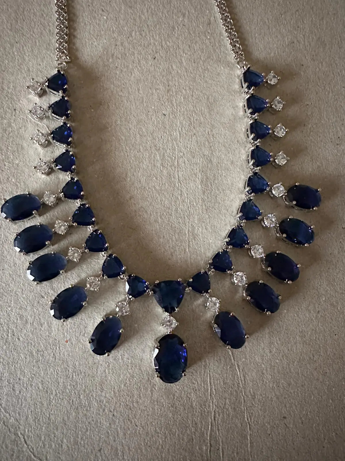 Sapphire Hydrostone & Silver CZ Necklace Set | Convertible Choker | 24ct Rhodium Plated Deepika's Adornments