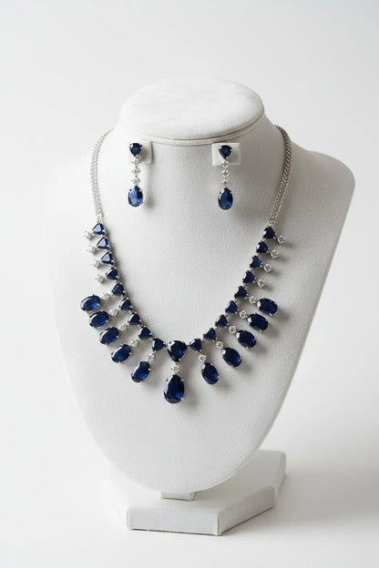 Sapphire Hydrostone & Silver CZ Necklace Set | Convertible Choker | 24ct Rhodium Plated Deepika's Adornments