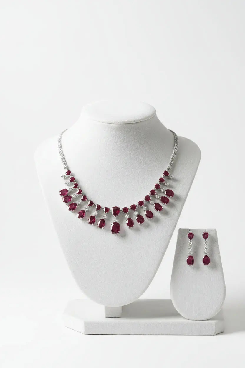Red Hydrostone & Silver CZ Necklace Set | Convertible Choker | 24ct Rhodium Plated Deepika's Adornments