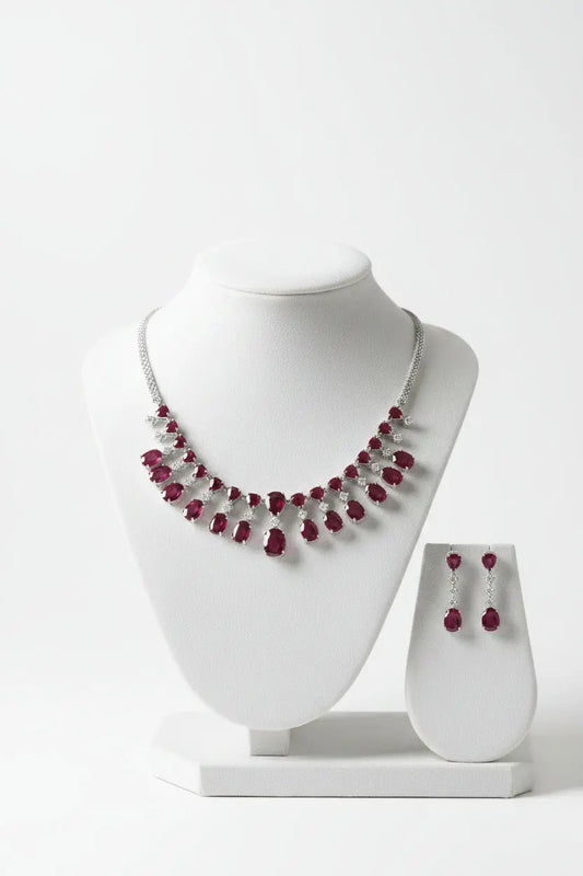 Red Hydrostone & Silver CZ Necklace Set | Convertible Choker | 24ct Rhodium Plated Deepika's Adornments