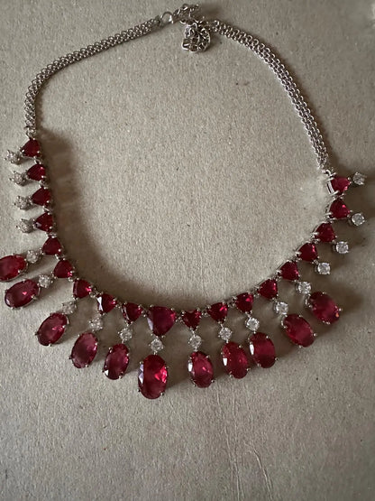 Red Hydrostone & Silver CZ Necklace Set | Convertible Choker | 24ct Rhodium Plated Deepika's Adornments