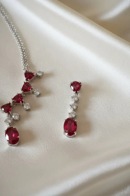 Red Hydrostone & Silver CZ Necklace Set | Convertible Choker | 24ct Rhodium Plated Deepika's Adornments