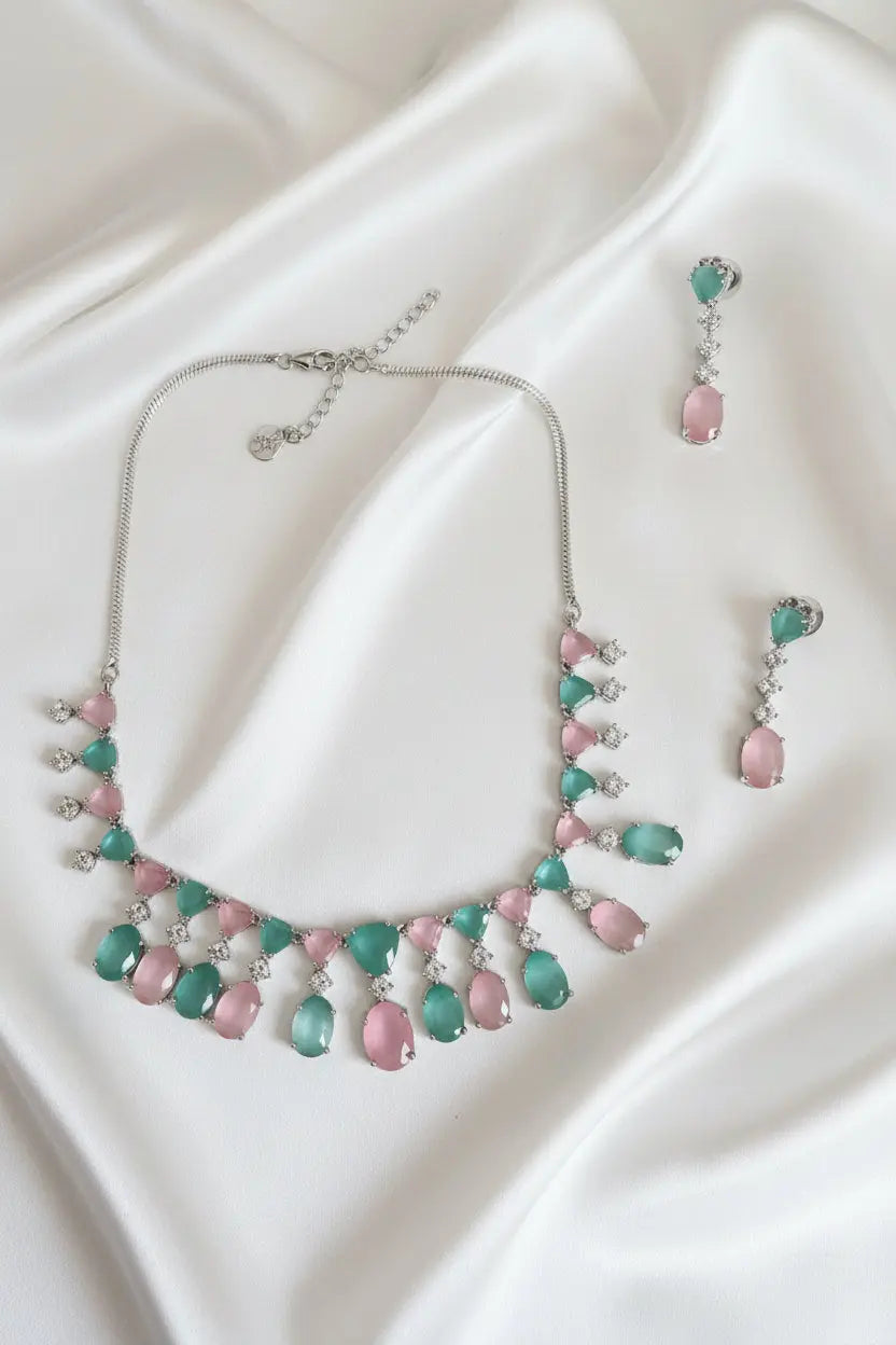 Pastel Pink & Mint Hydrostone CZ Necklace Set | Convertible Choker | 24ct Rhodium Plated Indian Fashions