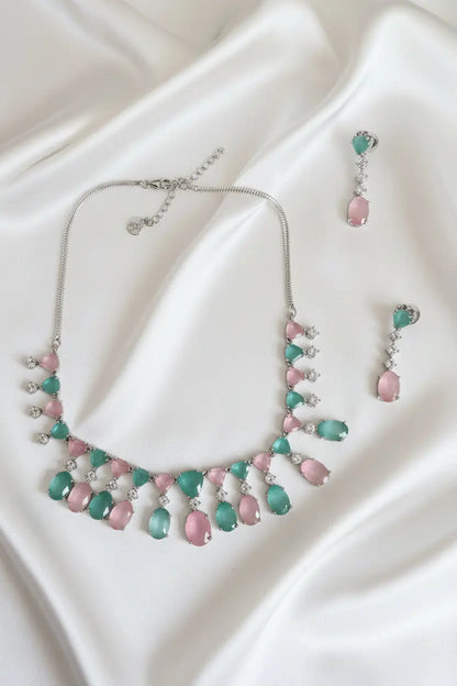 Pastel Pink & Mint Hydrostone CZ Necklace Set | Convertible Choker | 24ct Rhodium Plated Indian Fashions