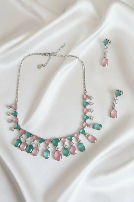 Pastel Pink & Mint Hydrostone CZ Necklace Set | Convertible Choker | 24ct Rhodium Plated Indian Fashions