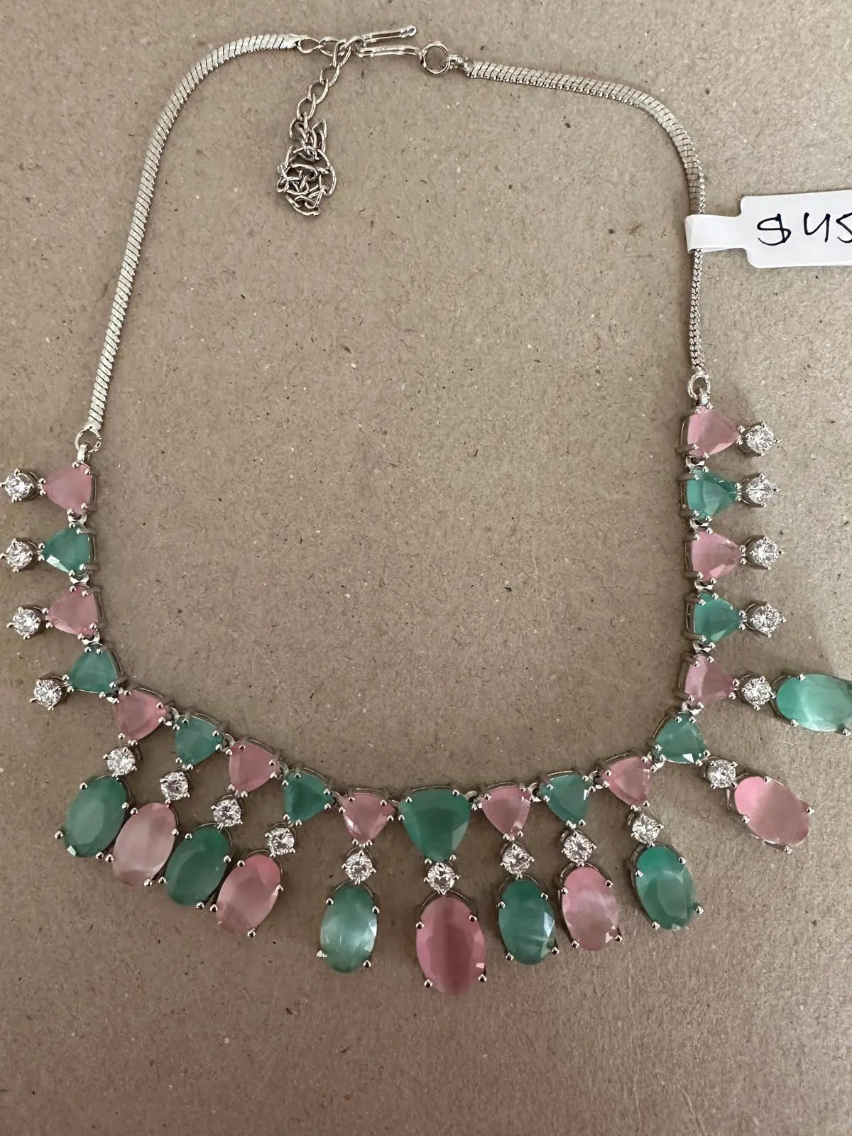 Pastel Pink & Mint Hydrostone CZ Necklace Set | Convertible Choker | 24ct Rhodium Plated Indian Fashions
