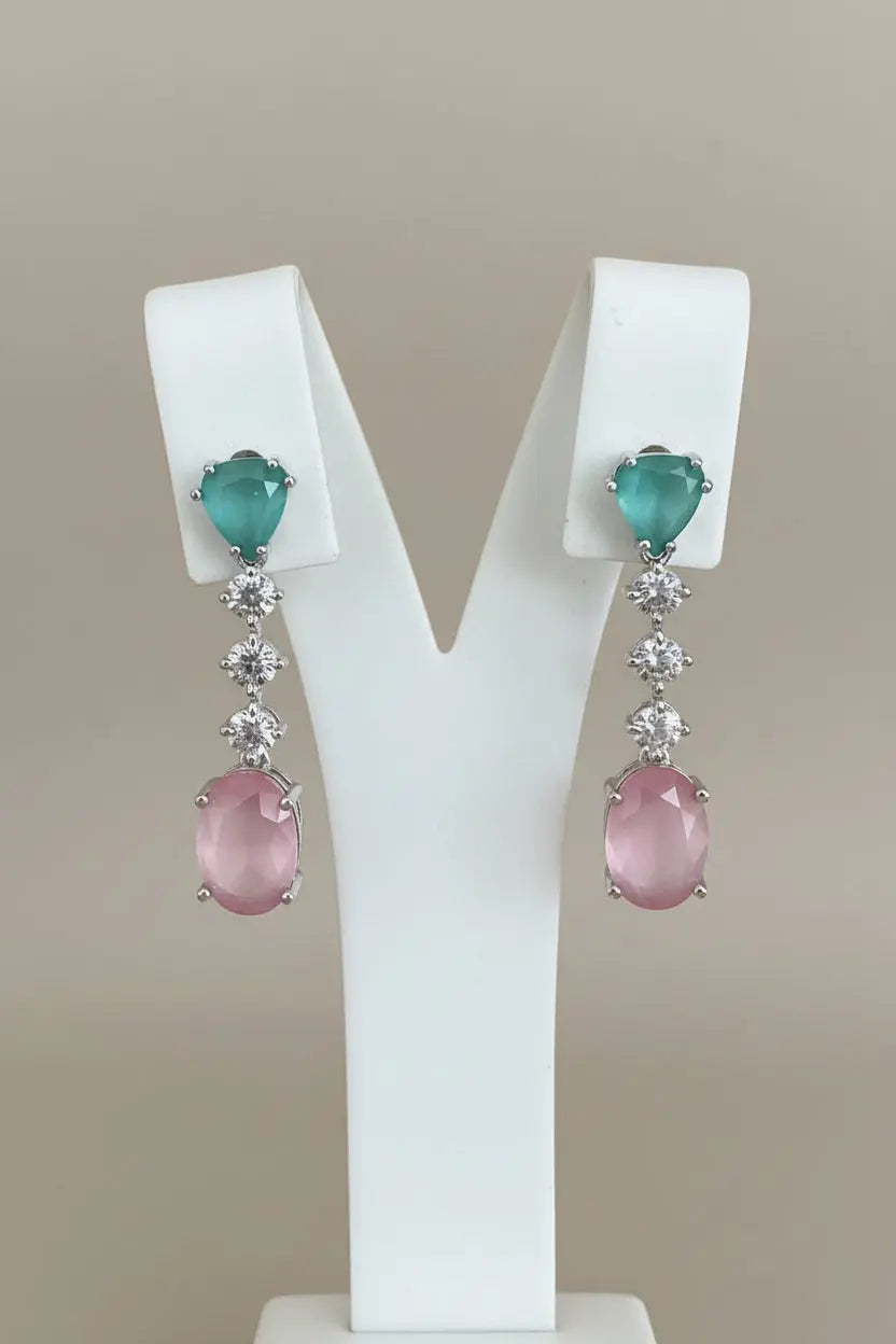 Pastel Pink & Mint Hydrostone CZ Necklace Set | Convertible Choker | 24ct Rhodium Plated Indian Fashions
