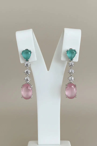 Pastel Pink & Mint Hydrostone CZ Necklace Set | Convertible Choker | 24ct Rhodium Plated Indian Fashions