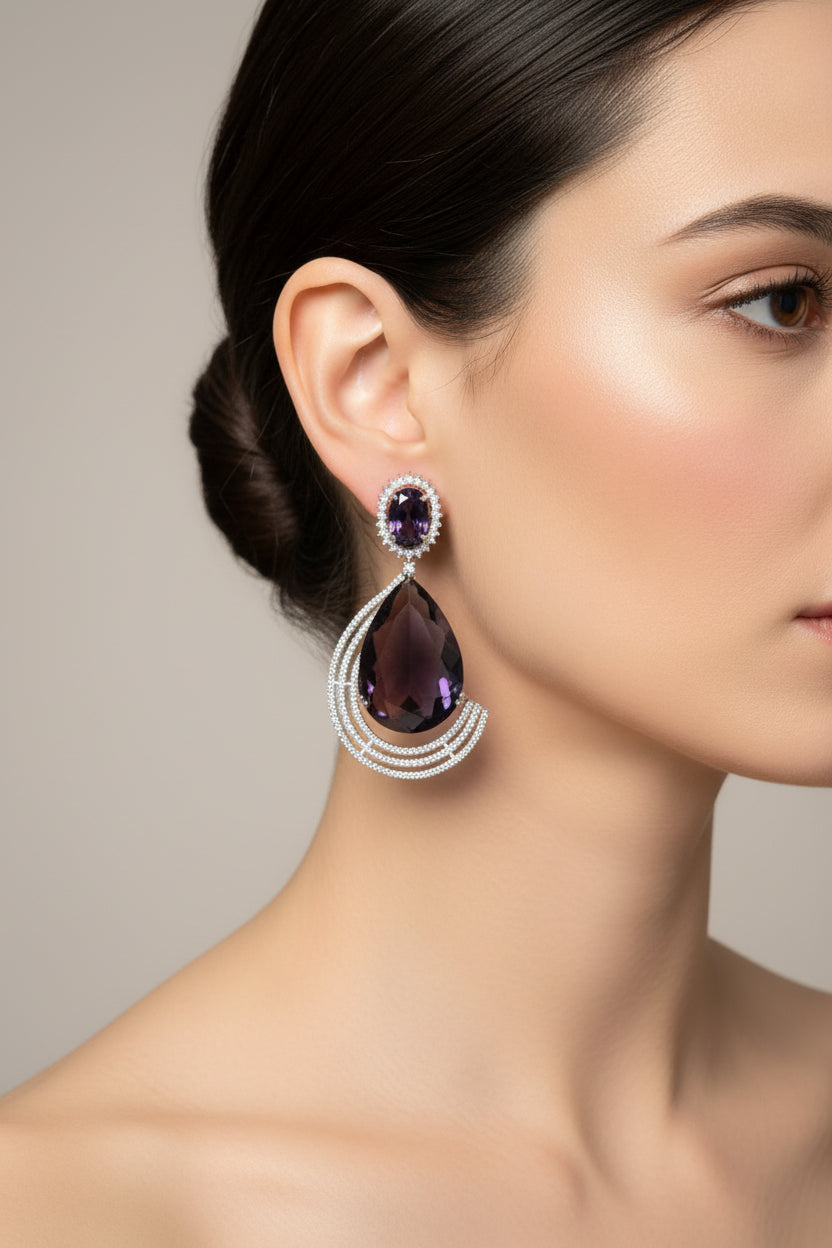 Simply Elegance CZ Earrings – Purple Doublet Stone with 24CT Rhodium Plating