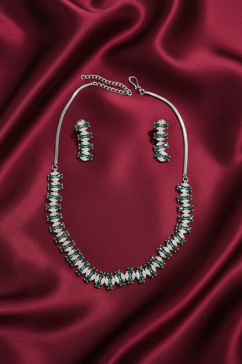 CZ & Hydro Green Stone Necklace Set | 24ct Gold & Rhodium Plated Indian Jewelry Indian Fashions