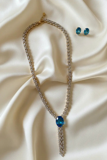Aqua Blue Hydrostone & CZ Statement Necklace Set | 24ct Gold & Rhodium Plated Indian Fashions