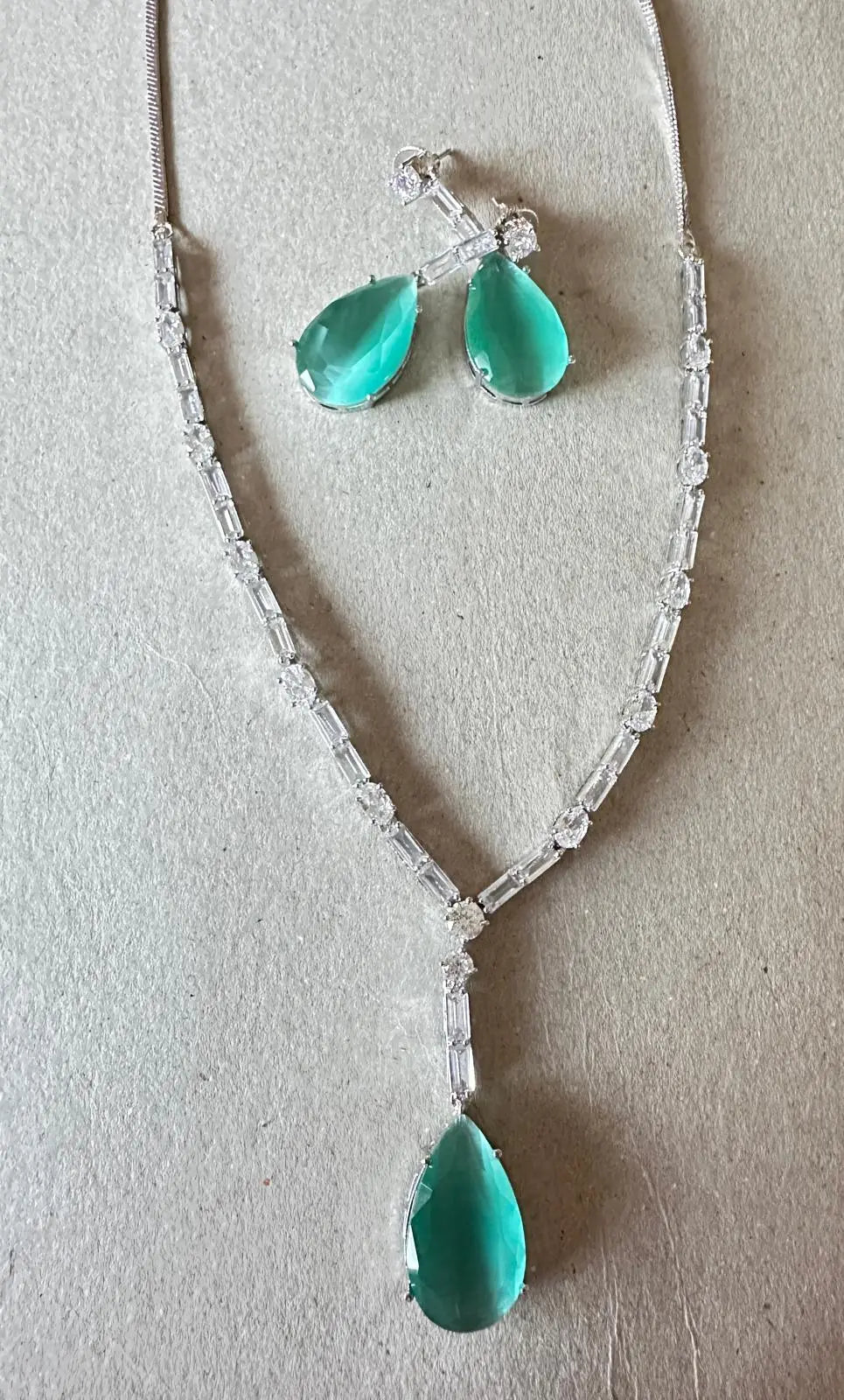 Aqua Turquoise & Silver CZ Statement Necklace Set – Bollywood Inspired with 24CT Rhodium Plating Indian Fashions