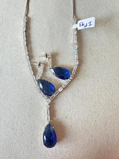 Sapphire Blue & Silver CZ Statement Necklace Set – Bollywood Inspired with 24CT Rhodium Plating Indian Fashions