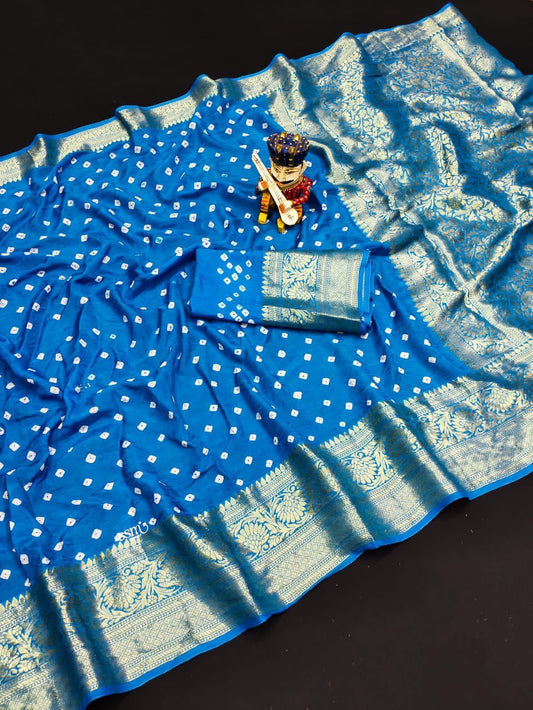 Beautiful Bandej Sarees all sky blue with gold jari pallu