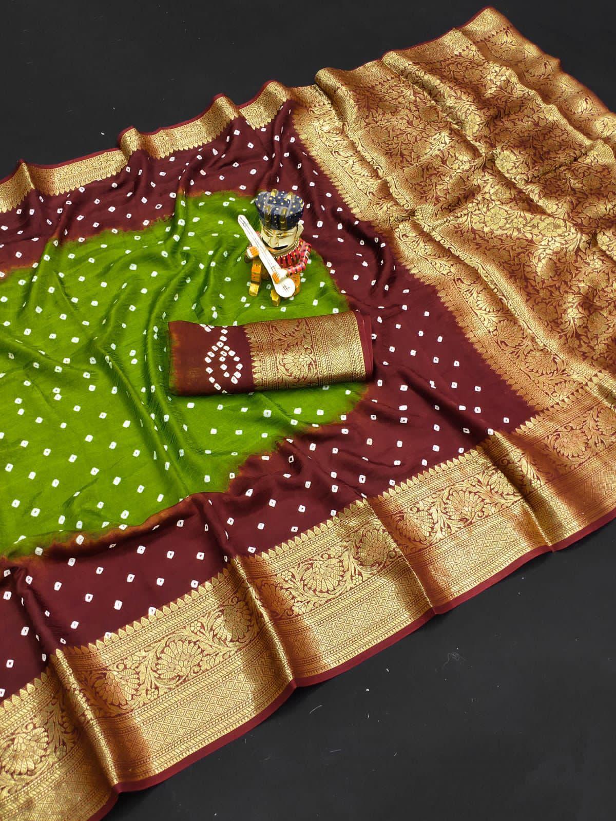 Beautiful Bhandhej with Contrast Pallu of light mehndi green