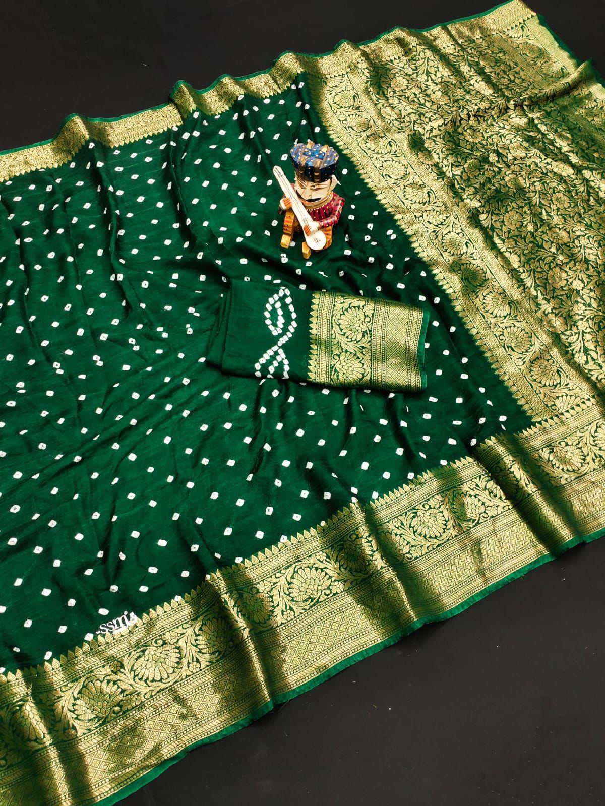 Beautiful Bandhej Sarees with all dark green with gold jari  border