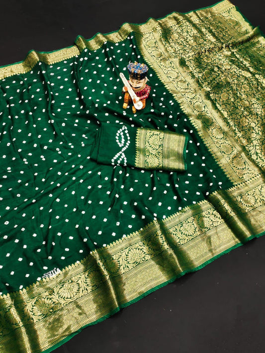 Beautiful Bandhej Sarees with all dark green with gold jari  border