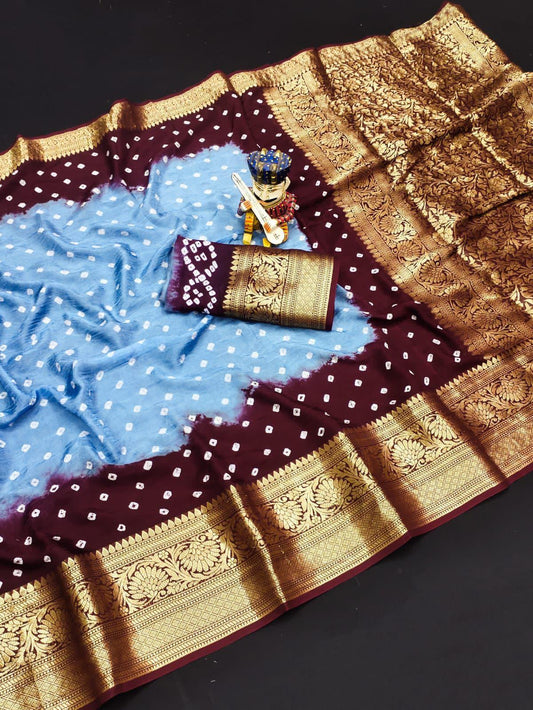 Beautiful Bandej Sarees with Contrast pallu of skyblue and red with gold jari cotrast border