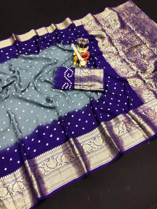 Beautiful Bandej Sarees with Contrast pallu of grey and royal blue with gold jari cotrast border