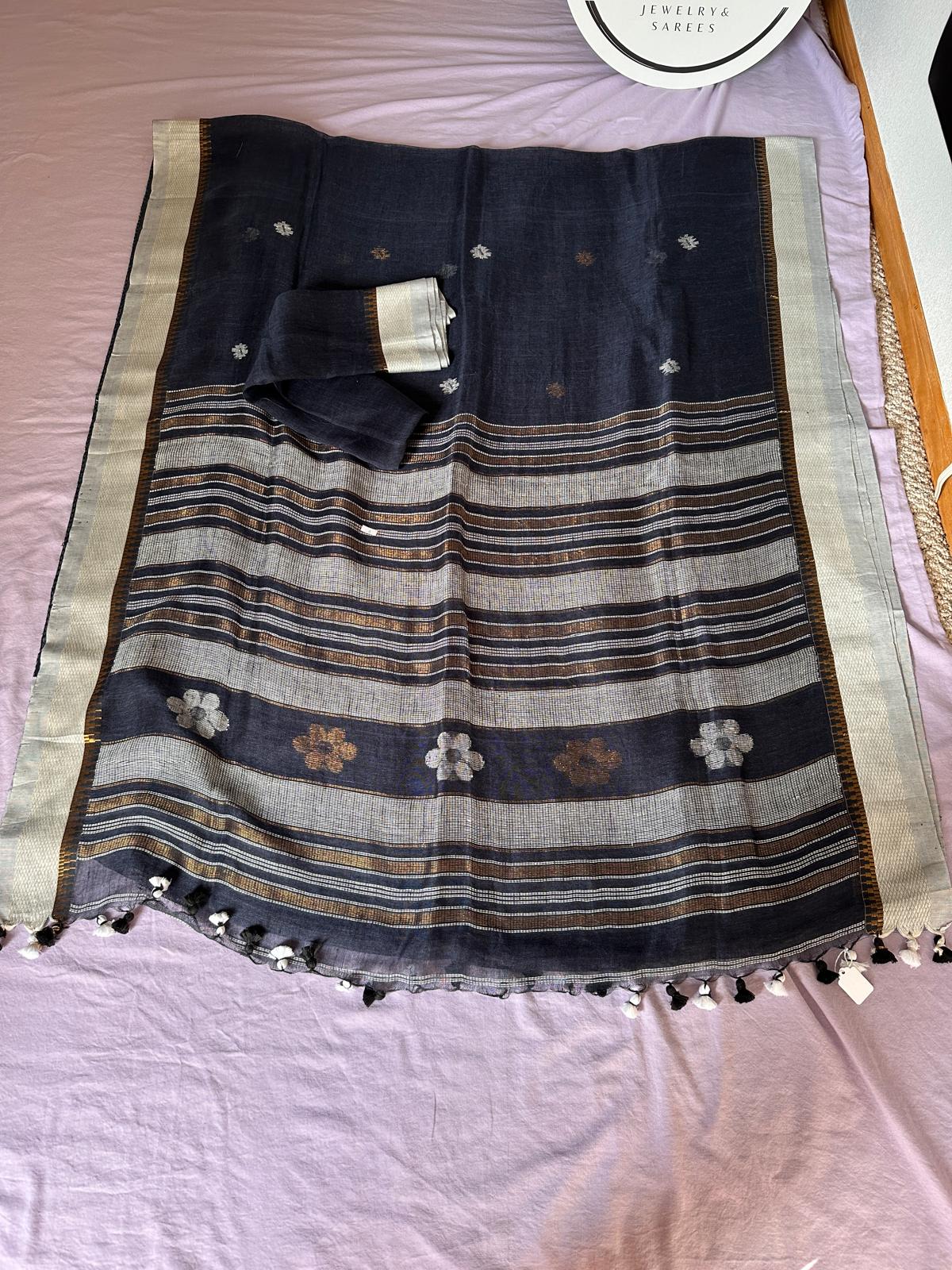 Linen Banarsi hand weave Blue