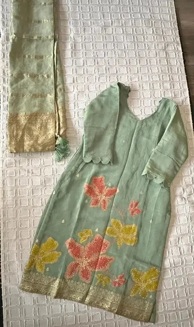 Indian Tulip Pant Kameez Suit-Sage Green - Deepika's Adornments