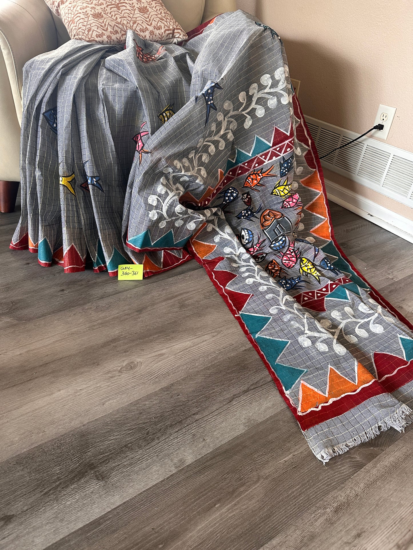 Bengali Hand Paint Grey Pure Dhonekhali Tant