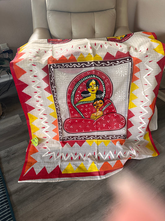 Bengali Hand Paint Red with Offwhite Pure Dhonekhali Tant