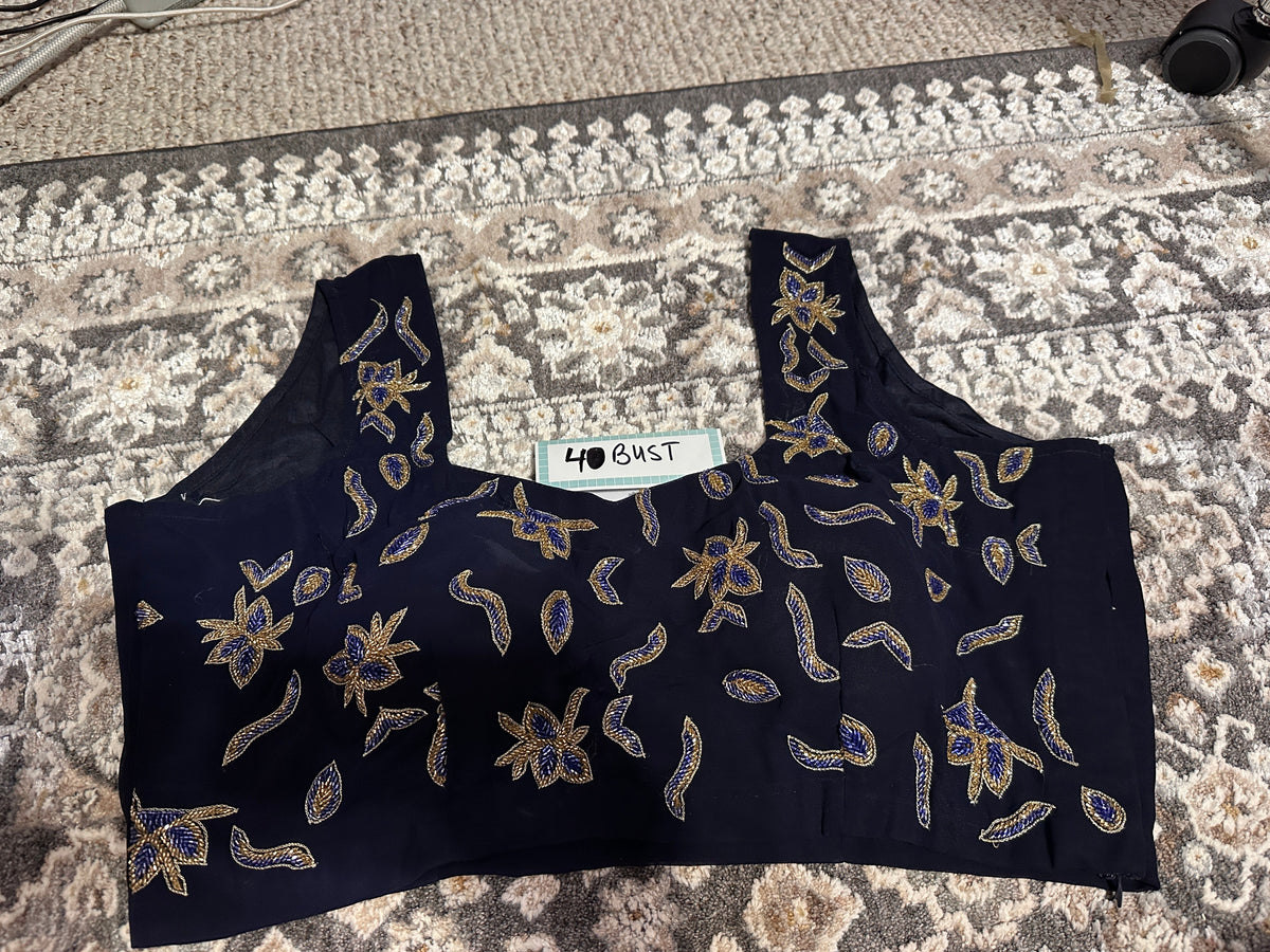 Navy Blue Ready-to-Wear Saree – Georgette with Moon Motif Hand Embroidery & Designer Blouse Maha Collection