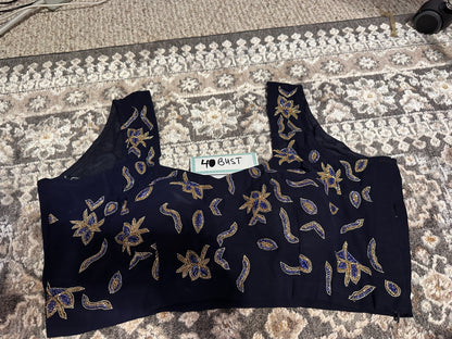 Navy Blue Ready-to-Wear Saree – Georgette with Moon Motif Hand Embroidery & Designer Blouse Maha Collection