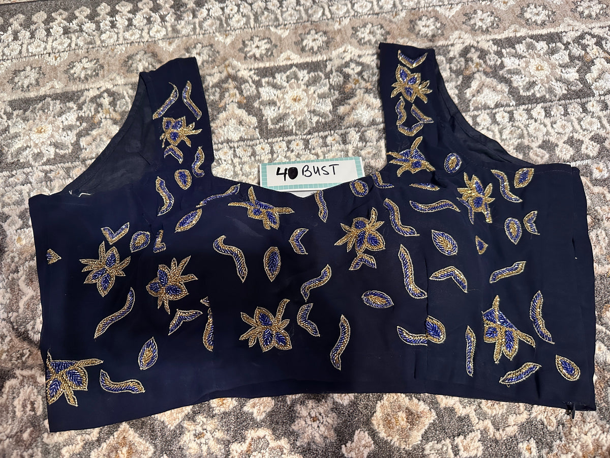 Navy Blue Ready-to-Wear Saree – Georgette with Moon Motif Hand Embroidery & Designer Blouse Maha Collection