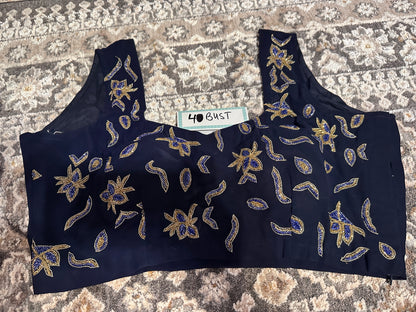 Navy Blue Ready-to-Wear Saree – Georgette with Moon Motif Hand Embroidery & Designer Blouse Maha Collection